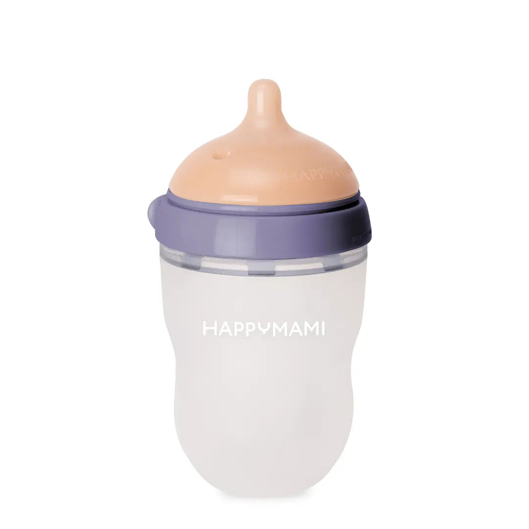 Hohe Happymami-Flasche mit lila Ring, durchscheinendem Körper und hautfarbenem Sauger