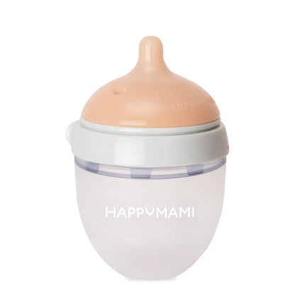 Kompakte Happymami-Flasche mit grauem Ring, durchscheinendem Körper und hautfarbenem Sauger