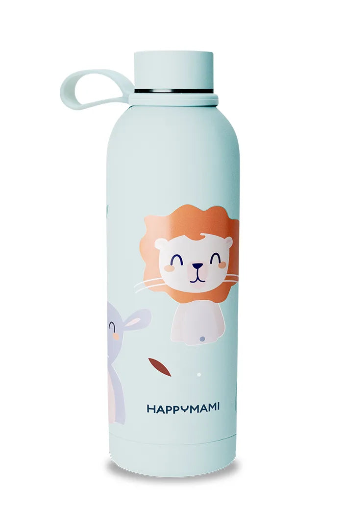 Termo Happymami menta Happyanimals con dibujo de león y asa en el tapón