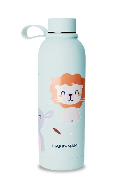Termo Happymami menta Happyanimals con dibujo de león y asa en el tapón
