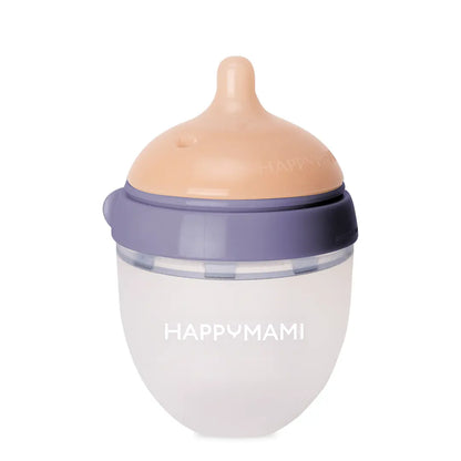 Kompakte Happymami-Flasche mit lila Ring, durchscheinendem Körper und hautfarbenem Sauger