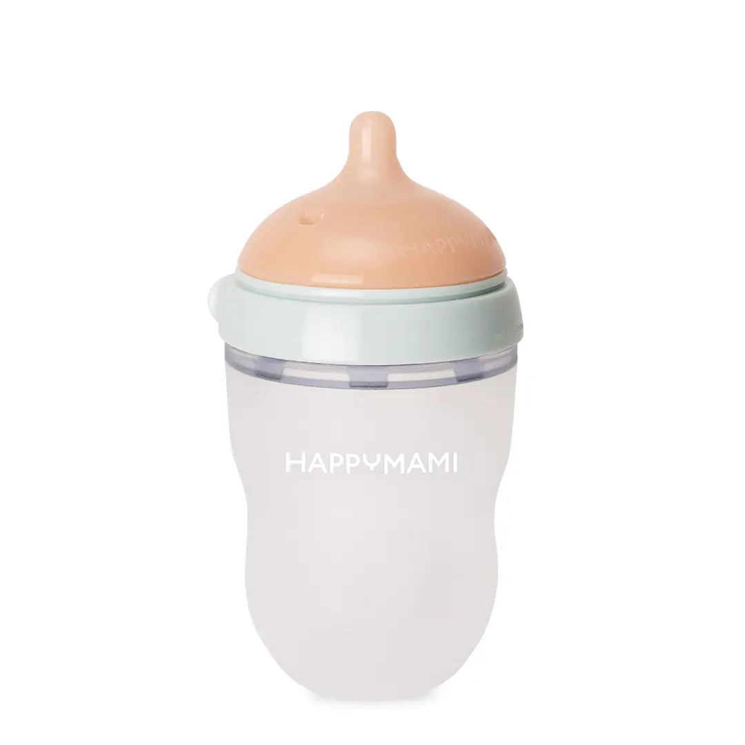 Hohe Happymami-Flasche mit mintfarbenem Ring, durchscheinendem Körper und hautfarbenem Sauger