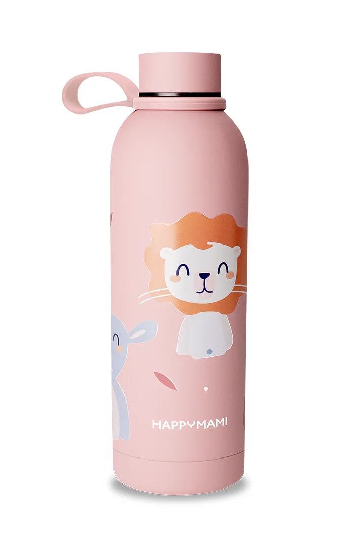 Termo Happymami rosa Happyanimals con dibujo de león y asa en el tapón
