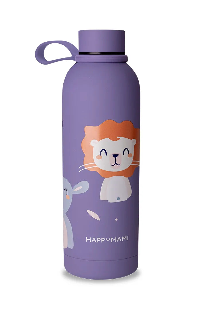 Termo Happymami lila Happyanimals con dibujo de león y asa en el tapón