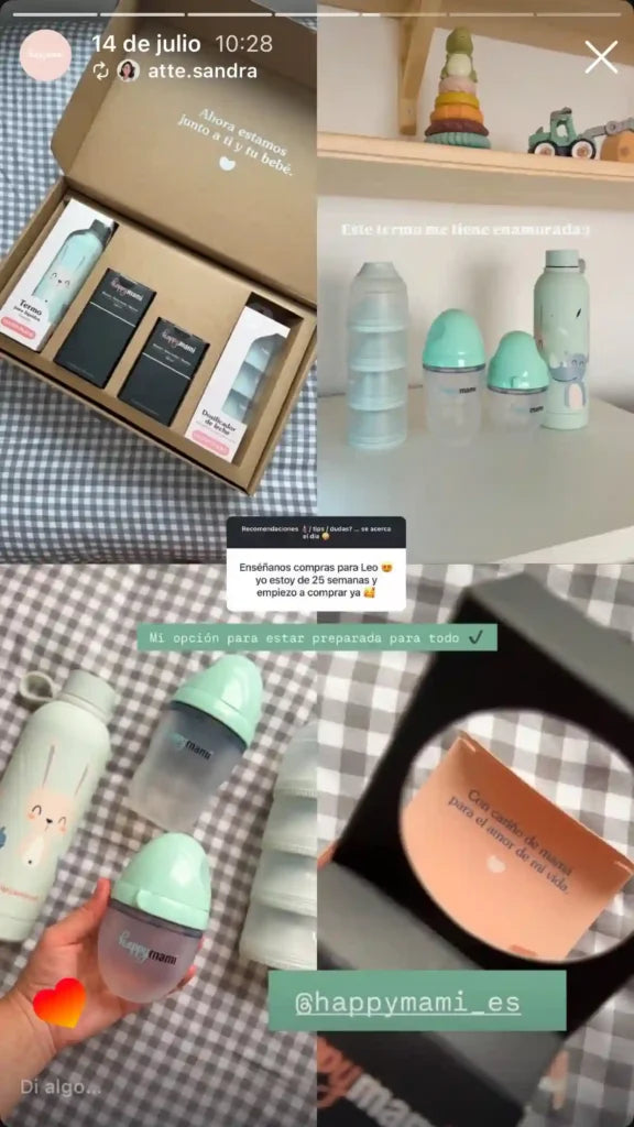Collage de un pack Happymami menta: caja abierta, termo, biberones, dosificador y nota de matrona