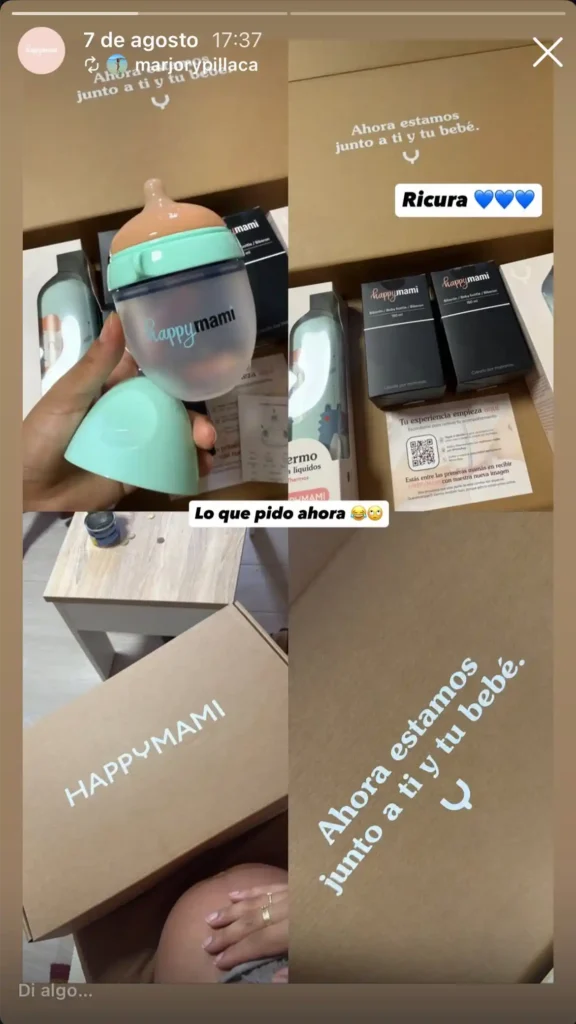 Collage de un pedido Happymami: biberón menta, cajas negras y caja de cartón con el lema Ahora estamos junto a ti y tu bebé